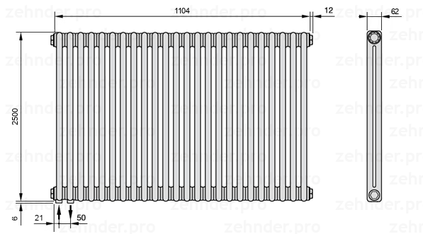 Схема (чертеж) Радиатор Zehnder Charleston 2250/24 №3370 Белый глянцевый RAL 9016